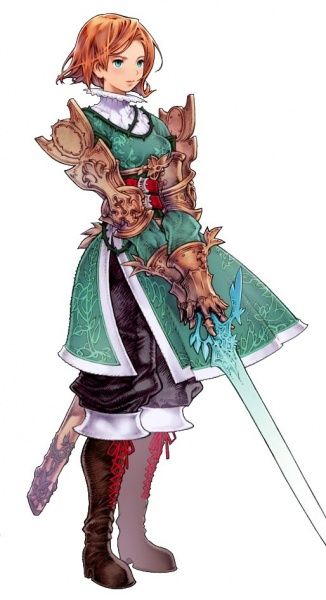 the image showcases a female character artwork, possibly from a fantasy video game or anime. she's depicted in a poised stance, her short, reddishbrown hair neatly framing her face. her attire consists of an elegant, green, ornate robelike garment over darker underclothes, combined with elaborate golden armor plating, particularly on her shoulders and arms.  she wields a long, slender sword with a light blue, almost ethereal blade. her boots are dark brown with red laces. the overall style is detailed and evocative of a fantasy setting, suggestive of a warrior or knightlike role. the background is plain white, focusing all attention on the character.