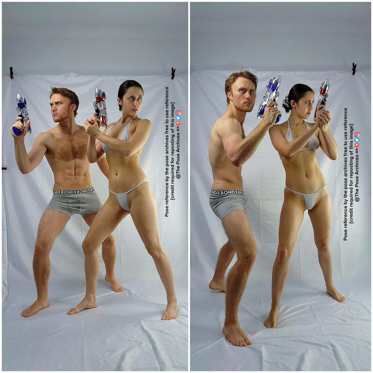 a man and a woman are posing in their underwear, both holding toy guns. the background is white.