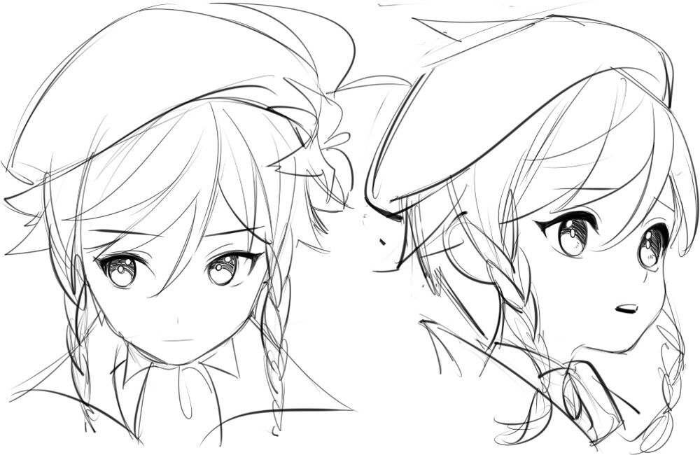 the image shows two different facial expressions of a female anime character drawn in black and white. the left side is a more serious expression, and the right side has a softer, curious expression.  she has long hair styled in braids, and she is wearing a beret.