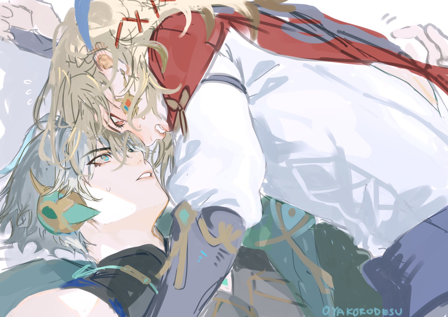 this is an illustration of a couple hugging, likely a romantic pairing.  the girl is blond with a red and white outfit, and the boy is silverhaired with a blue and green outfit,  their heads are touching and it appears that they are in a loving, affectionate embrace. the image evokes a sense of closeness, connection, and happiness.
