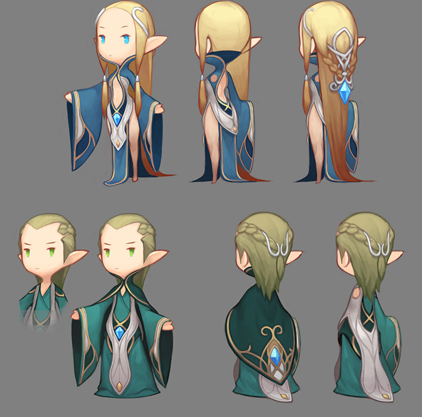 the image shows a female elf character design in different views. the elf is small and has big eyes, blonde hair, pointy ears, and is wearing a long blue and green robe. the design is in a cartoon style.