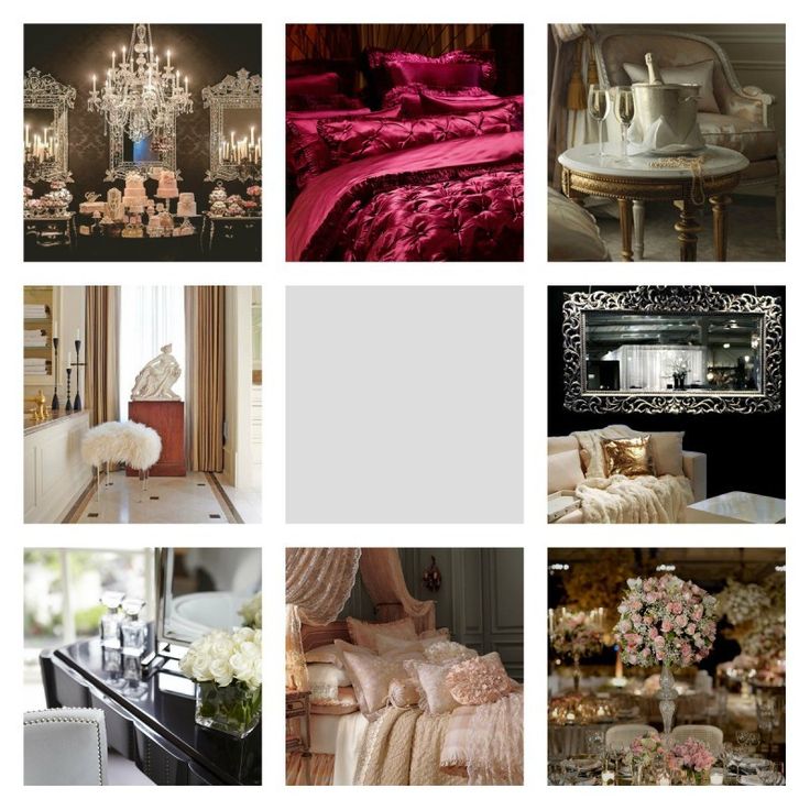 this image is a collage of nine different images showcasing luxury and glamour. the images are arranged in a 3x3 grid. the top left image shows a luxurious dessert table with a chandelier and candles. the top middle image is a closeup of a bed with red satin bedding. the top right image shows a living room with a chaise lounge and a table with silver items. the middle left image shows a living room with a white fur stool and a statue. the middle middle image shows a plain white background. the middle right image shows a living room with a couch and a mirror. the bottom left image shows a vanity table with candles and flowers. the bottom middle image shows a bedroom with a bed with pink and white bedding. the bottom right image shows a wedding reception with a table full of flowers.