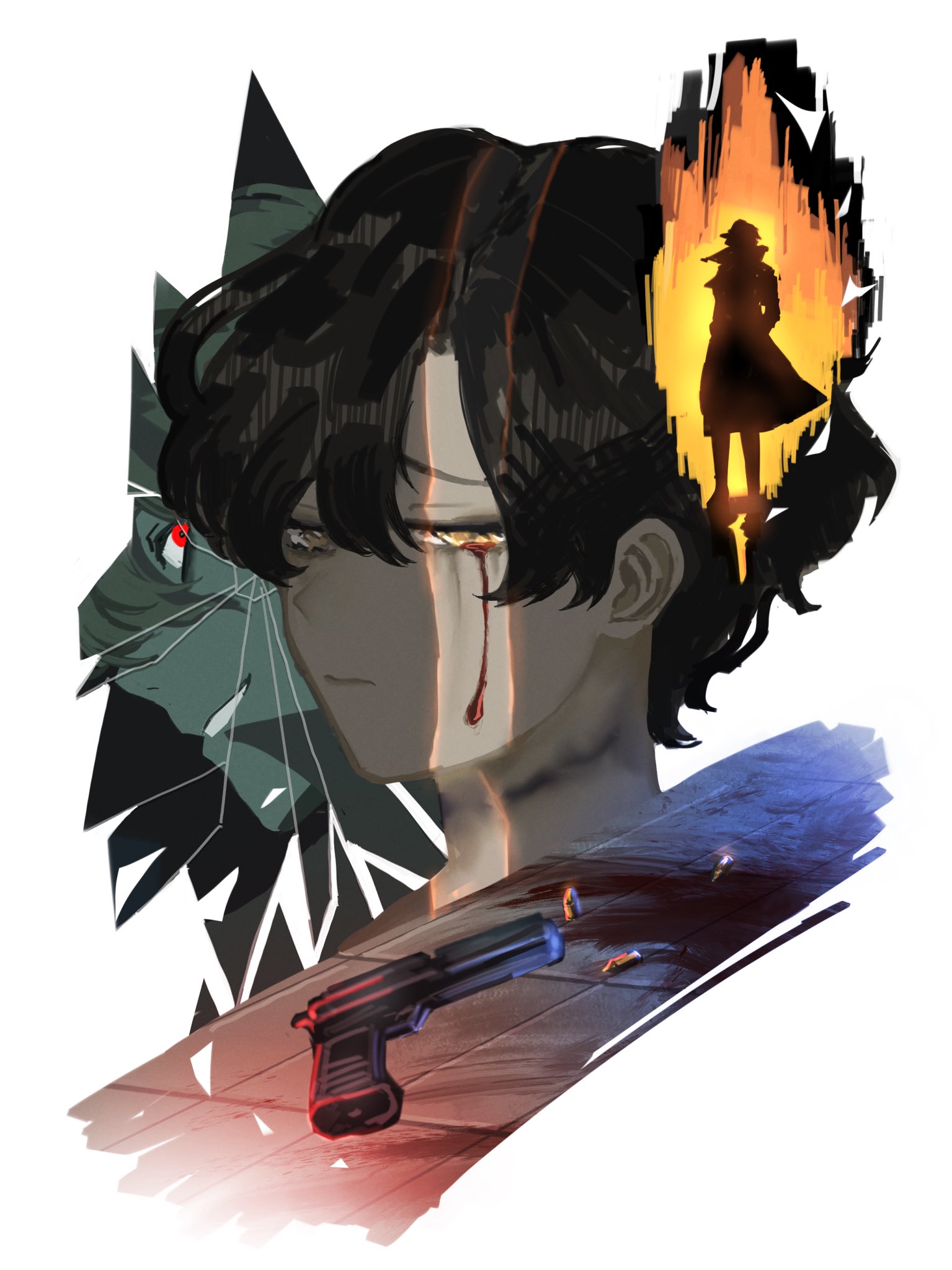 the artwork presents a stylized portrait of a young man with dark hair and a melancholic expression. his face is partially obscured, fractured by abstract shapes and a single tear of blood that traces a path down his cheek. behind him, a spectral figure engulfed in flames stands within a triangular shard, seemingly a memory or vision. to the side, a fragmented image of a snarling beast lurks, adding to the overall sense of unease and conflict. a gun and scattered bullets lie in the foreground, hinting at violence and a potential narrative of loss or despair. the artwork utilizes a dramatic contrast of light and shadow, emphasizing the subject's emotional state and the mysterious, fragmented nature of the scene.