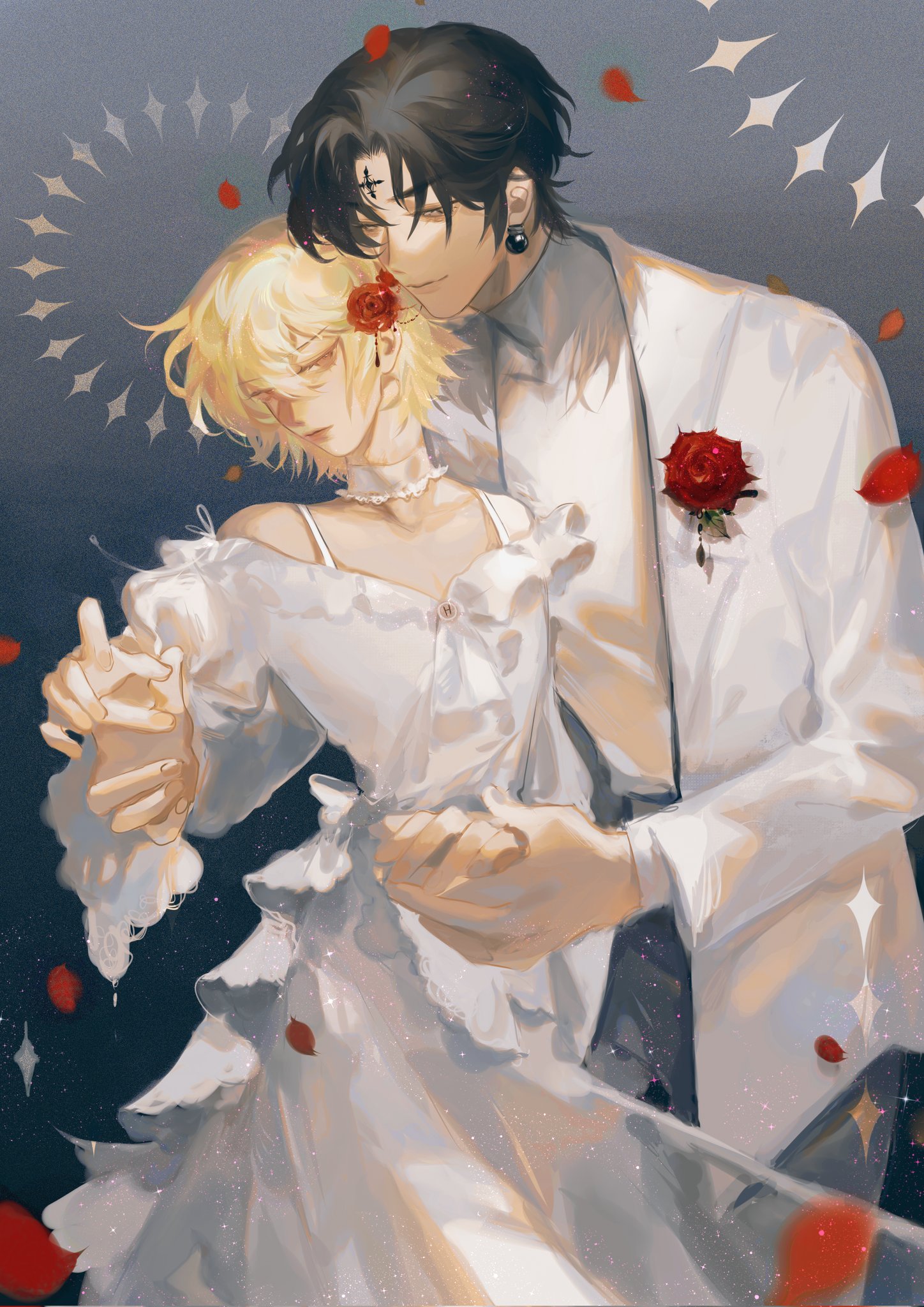the artwork depicts a romantic scene between two animestyled characters.  a woman in a flowing white dress with ruffles is embraced by a man in a crisp white suit. they appear to be slow dancing, their bodies close together. both characters are elegantly dressed.  red roses adorn the woman's hair and the man's suit lapel.  petals are scattered around them, adding a dreamy atmosphere. the overall style is soft and painterly, with subtle blending of colors and smooth lines. the piece conveys a feeling of intimacy, affection, and grace. the background is a muted grayishblue with sparkling highlights.