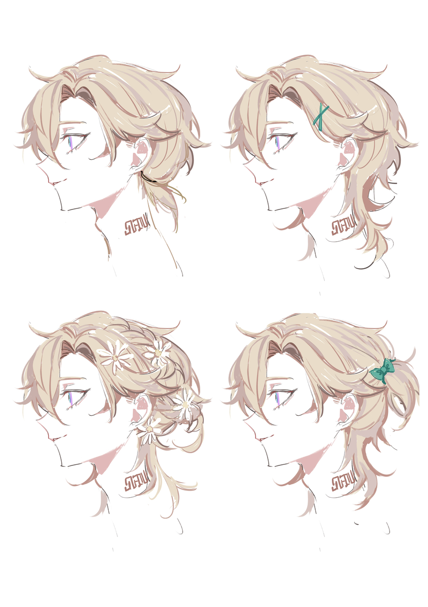 the image features four illustrations of an anime boy in side profile. each illustration showcases a different hairstyle: the first with a ponytail, the second with a green clip in the hair, the third with daisy flowers in the hair, and the fourth with a green bow in the hair.