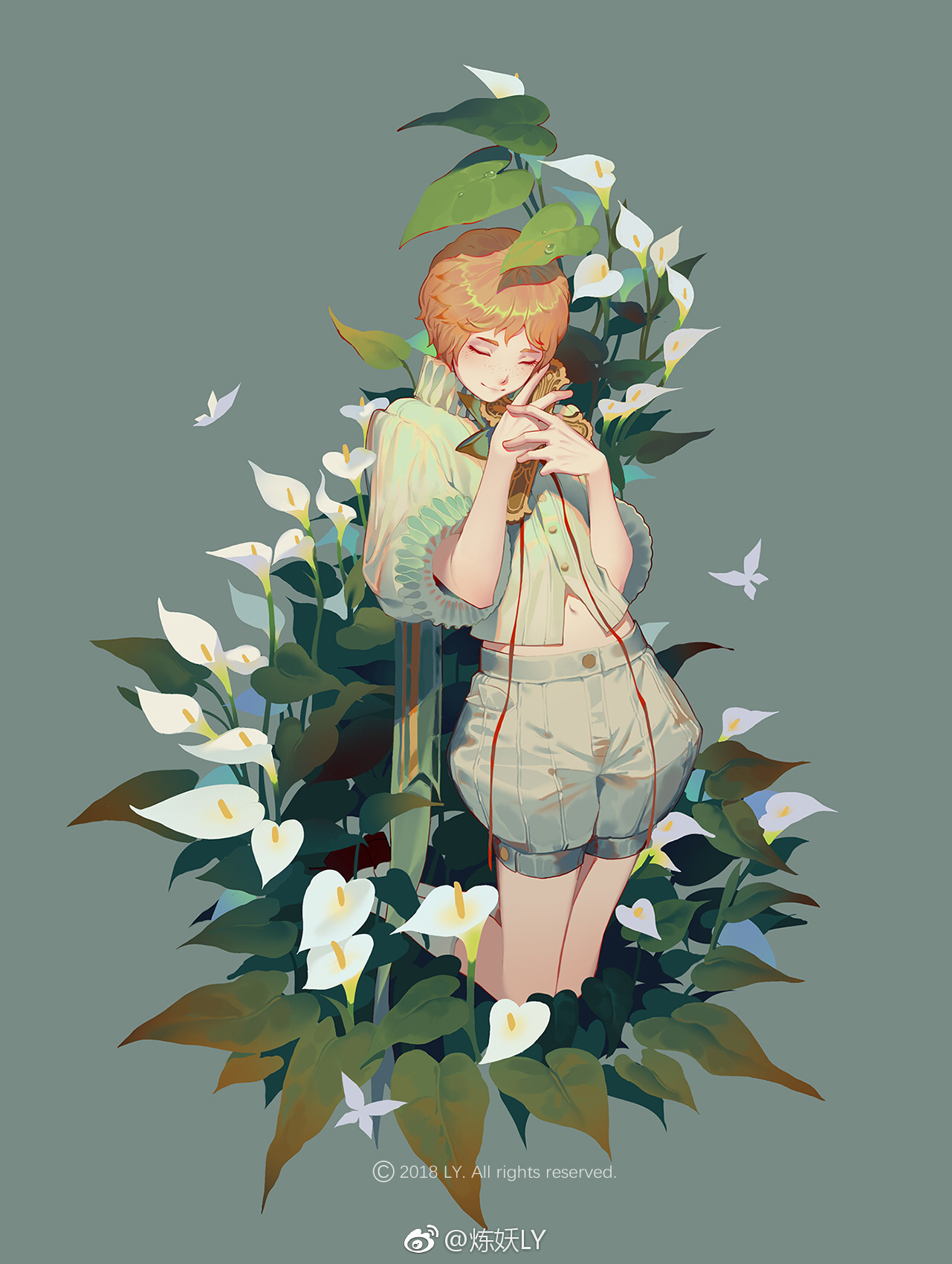 a digital illustration of a young woman with short hair, wearing a white shirt and khaki shorts, standing amidst a cluster of white calla lily flowers. she is holding a small golden object in her hands and has her eyes closed. her pose suggests a peaceful and serene mood. the background is a muted greengray, further emphasizing the serenity of the scene.  the overall color palette is soft and muted, with a predominance of greens, whites, and browns.