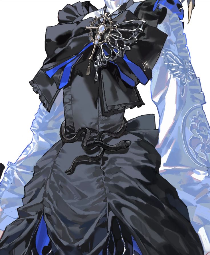 the image shows a detailed illustration of the upper portion of a black and blue dress. the dress features a large black bow at the neckline, accented with blue ribbon. a decorative brooch adorns the center of the bow. a black snake is coiled around the waist area. the dress has a ruffled and textured appearance, giving it a somewhat gothic or ornate feel. the background is blurred out in light blue.