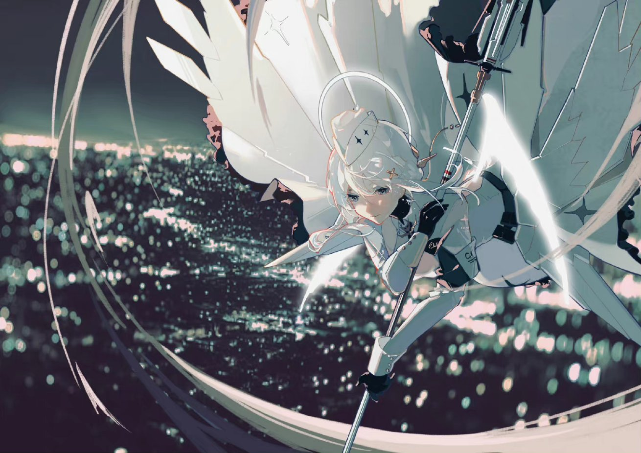a whiteclad female character with feathery wings and a halo hovers in the air above a sprawling cityscape at night. she wields a long, futuristic weapon as she gazes intently at something unseen. the cityscape twinkles below with artificial lights, while her figure is illuminated from behind, creating a dynamic contrast. the overall aesthetic suggests a blend of anime, fantasy, and futuristic elements.