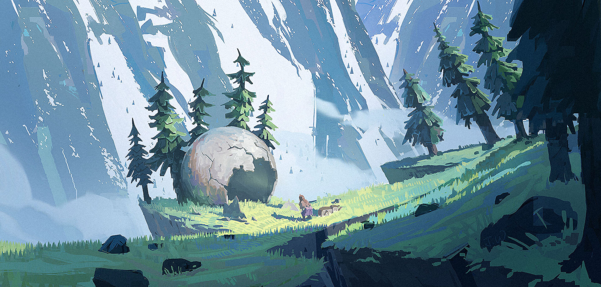 a lone female figure stands on a grassy plateau before a giant, cracked, spherical rock. the plateau juts out from a sheer mountain face, offering a breathtaking view of the foggy, snowcapped peaks beyond. the scene is bathed in the soft light of an overcast sky, lending a sense of tranquility and mystery.  evergreen trees dot the landscape, adding to the overall sense of wilderness and solitude.