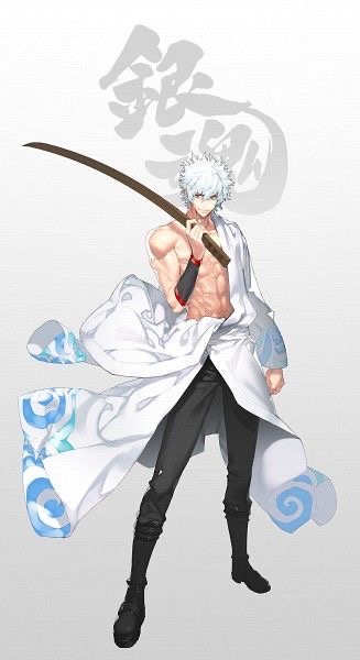 the image features a young anime male character standing with a serious expression. he has long, white hair, and wears a white robe with black pants, and is holding a katana sword. the art style is digital and the image is set against a simple white background. the character appears to be standing in a powerful pose, ready to fight.