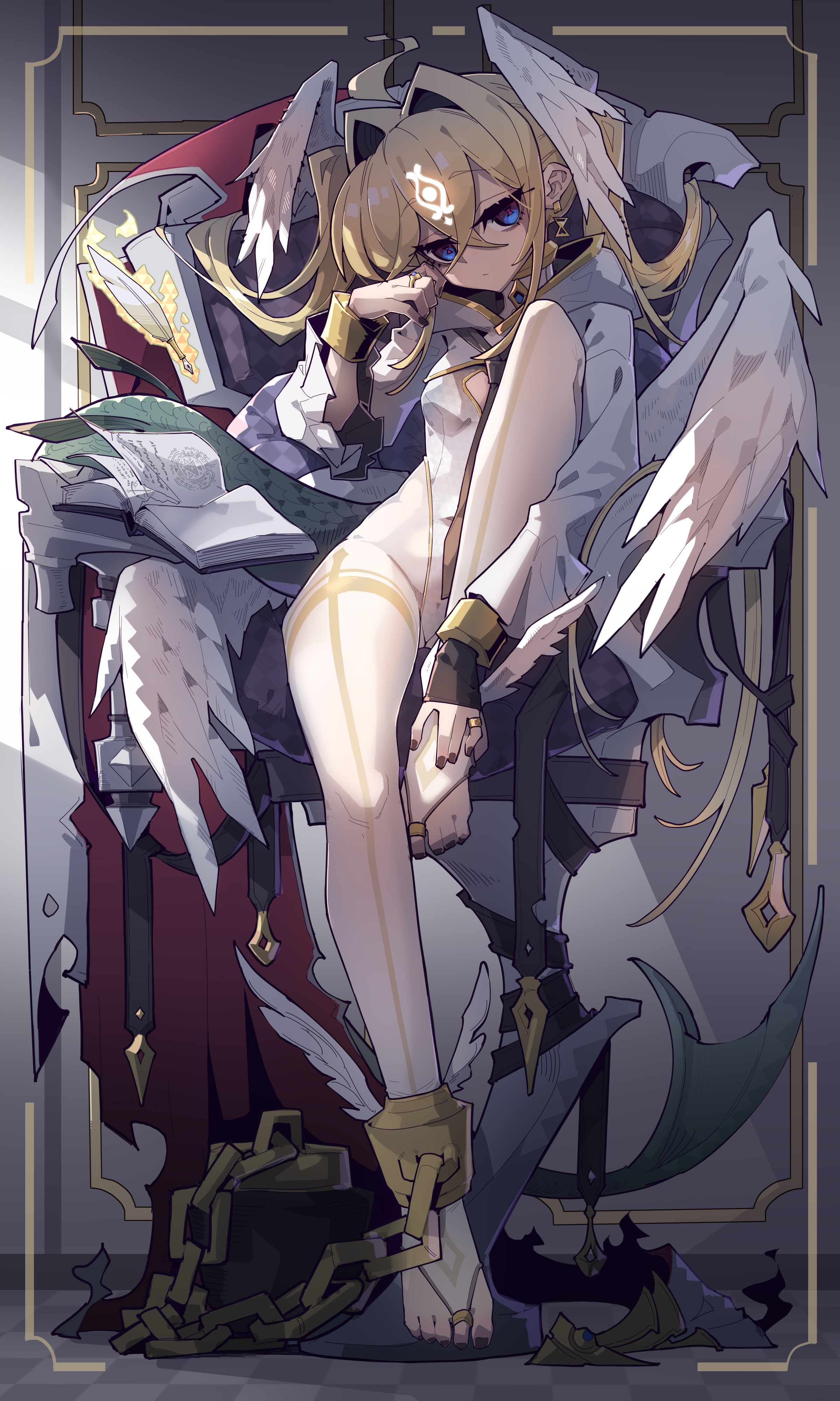 an anime girl with blonde hair and blue eyes sits on a throne. she has wings and a white dress. her foot is chained. she is surrounded by books and a staff. she has a symbol on her forehead. she is wearing a gauntlet and has armor and a red cape.