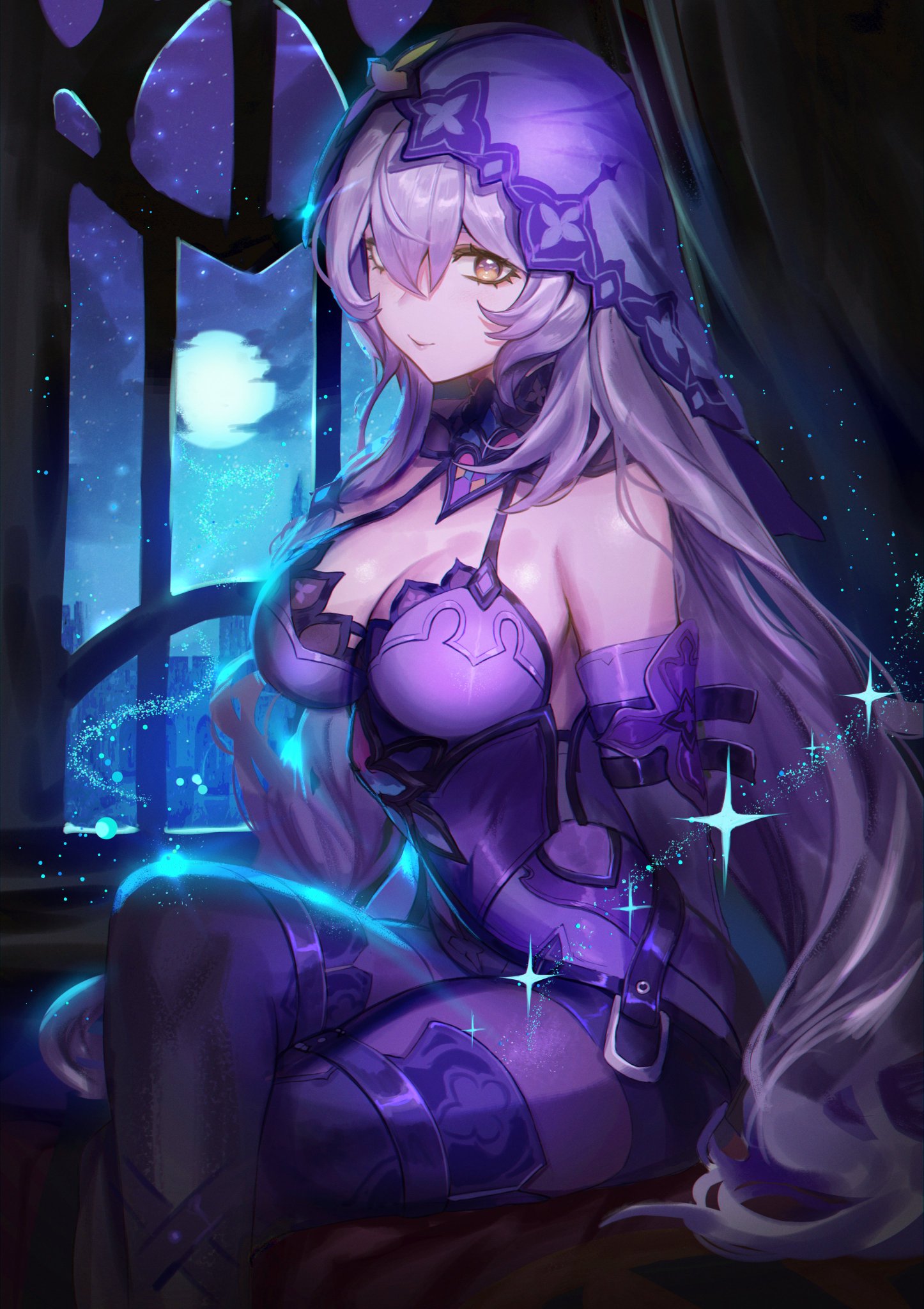 the image features an anime girl with long purple hair, wearing a purple dress and a hood. she is looking out a window at the night sky, with a moon and stars visible. the girl is glowing with a faint purple light, suggesting magic or some other supernatural ability. the scene is set in a fantasy world with a mysterious and elegant feel. the image is highly detailed and beautifully drawn.