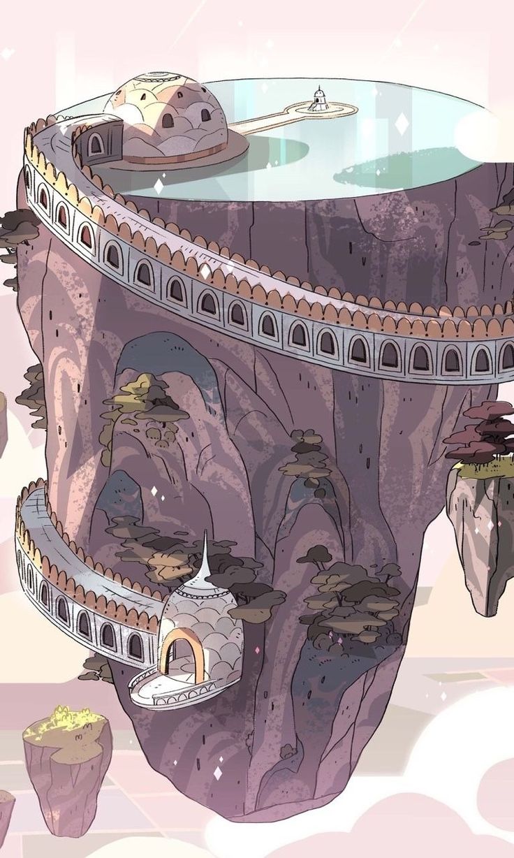 the image is a cartoon illustration of a floating island in a pastel color scheme. the island is a large rock formation with a winding path encircling it.  on the island are two white, domed buildings with intricate detailing, reminiscent of temple architecture. the path appears to be a roadway or walkway. the island is surrounded by smaller floating rocks with small patches of vegetation, and the sky is a soft pinkishwhite.  the style of the art is whimsical and dreamlike.  the overall feel is one of peace and tranquility.