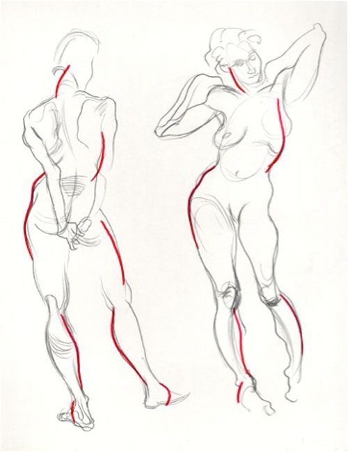 the image contains two pencil sketches of female figures.  the figures are drawn in a gestural style, capturing the movement and posture of the models rather than focusing on precise detail.  simple lines suggest the underlying musculature and bone structure.  red lines have been added to emphasize the lines of action and the alignment of the body parts.  one figure is seen from the back and the other from the front,  both appear to be in relaxed, yet dynamic poses. the sketches have a loose, expressive quality.