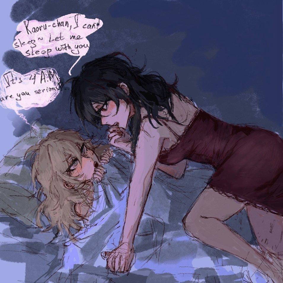 the image is a digital drawing or fanart depicting two animestyle girls in a bedroom setting. one girl, with long black hair, is leaning over the other, who has blonde hair. they are close together, possibly cuddling or sleeping together. the blackhaired girl seems to be whispering something, and speech bubbles are visible with text that indicates a conversation about sleeping together. the overall mood is intimate, sensual, and slightly suggestive. the art style is soft, with sketchy lines and muted colors, which contributes to the feeling of closeness and intimacy. the scene suggests a latenight encounter between the two characters.