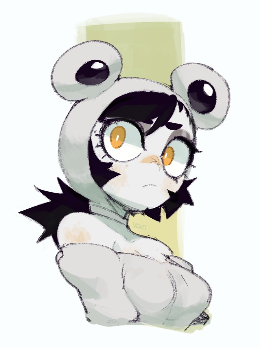 a cartoon character wearing a frog costume,  looking away. the character has big yellow eyes. the illustration is done in a colorful style with light shading. the background is a light yellow.