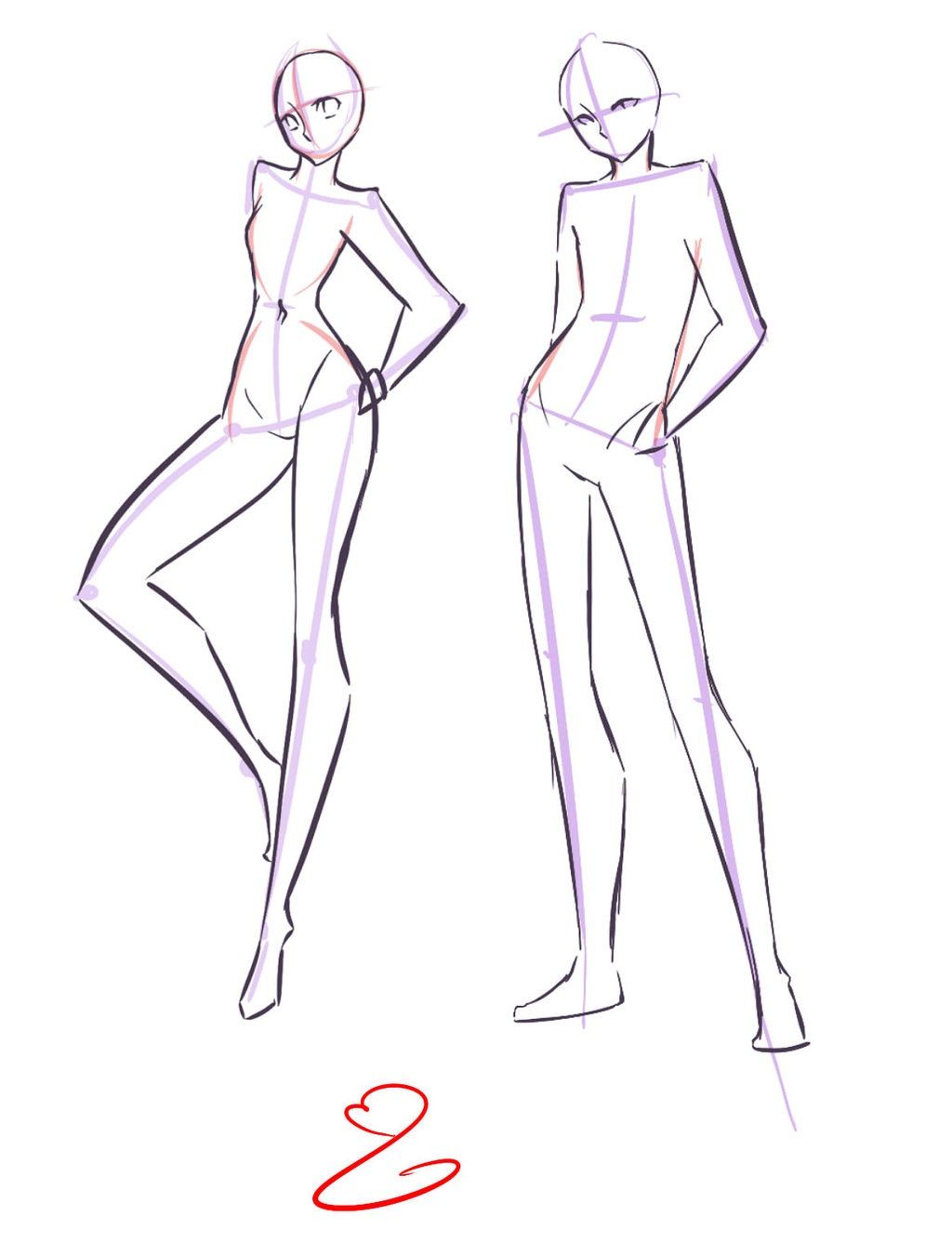 two simple sketches of the human body. the image features a male and female figure, drawn in a stylized, animeinspired style. they are standing in casual poses and serve as a basic template for learning anatomy and character design.  lines and basic shapes are used to outline the proportions and posture of the figures.