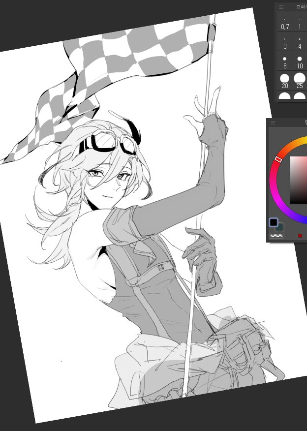 the image is a digital drawing of an animestyle girl. she has long hair, is wearing goggles and overalls, and is holding a checkered racing flag.  the drawing is in grayscale, showing various line weights and shading to create depth and form.  the style is reminiscent of manga or anime illustration.  a digital art interface showing color palettes is visible in the upper right corner, suggesting the image is in progress.