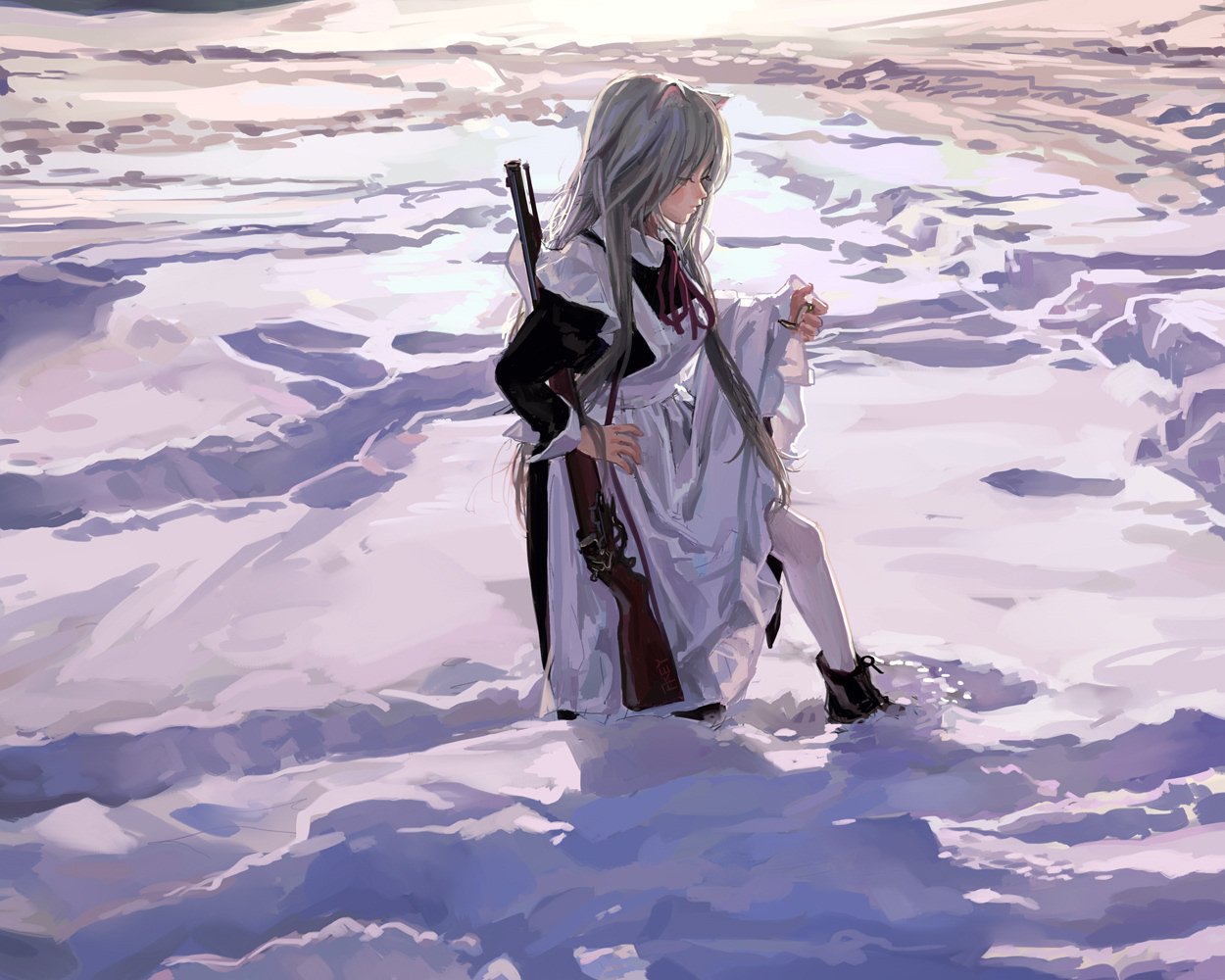 a digital animestyle painting shows a girl with silver hair and cat ears standing in a snowy landscape. she is wearing a white dress with black accents, and a red ribbon around her neck. she is holding a rifle, and is wearing black boots. the horizon is visible in the background, and the overall tone is melancholic.
