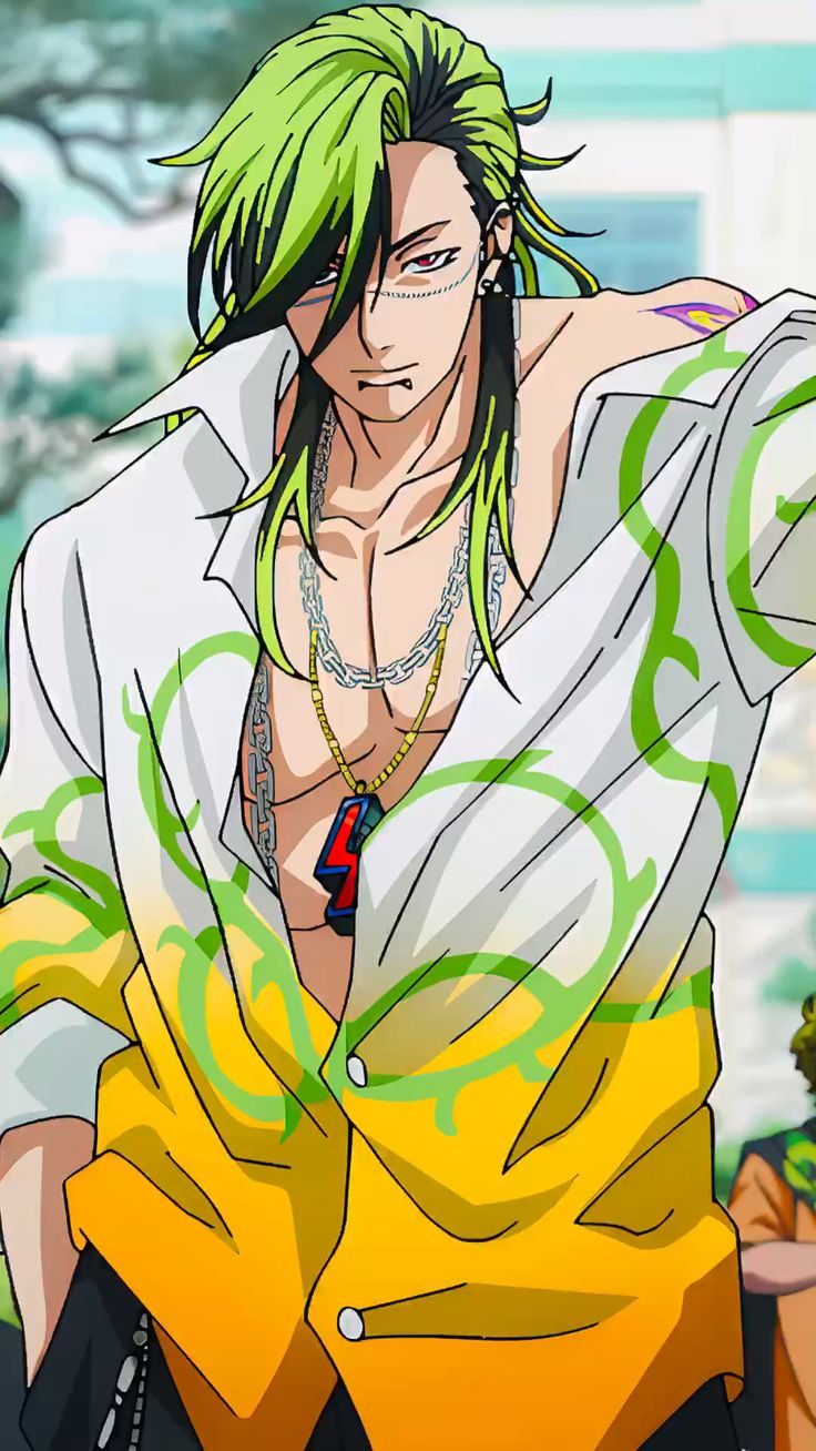 an anime character with green hair is wearing a white and yellow shirt with a green chain around his neck and a pendant with a 4 on it. he is looking down and to the left.