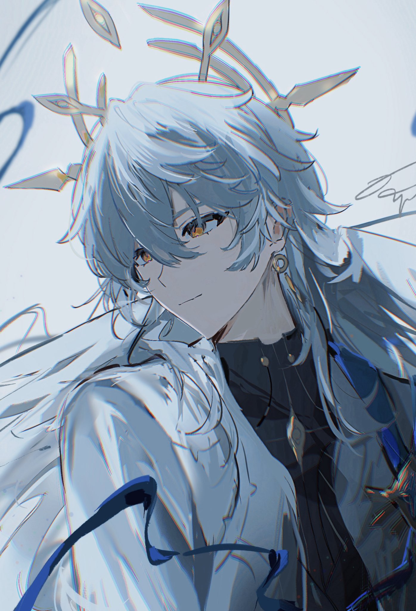 this is a digital art piece of an anime boy with silver hair, blue eyes, and a gold crown. he is wearing a white jacket, a black shirt, and has a very handsome face.