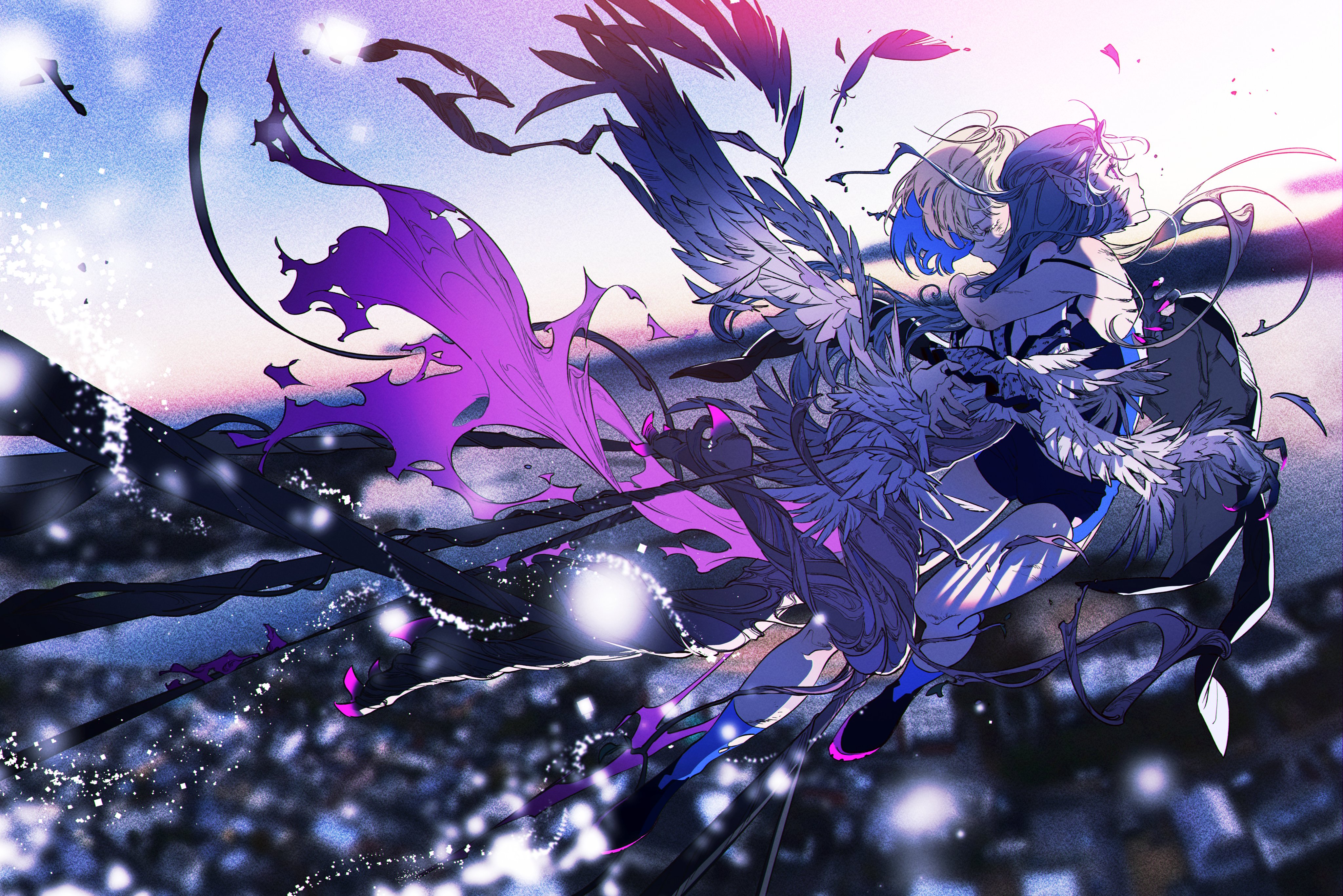 a digital illustration of a young woman with long blonde hair and angel wings, flying through the air. she has a pink and purple dress that is flowing behind her. the background is a blur of sky and clouds. the overall style of the image is abstract and dreamlike, with a focus on the woman's motion and beauty.