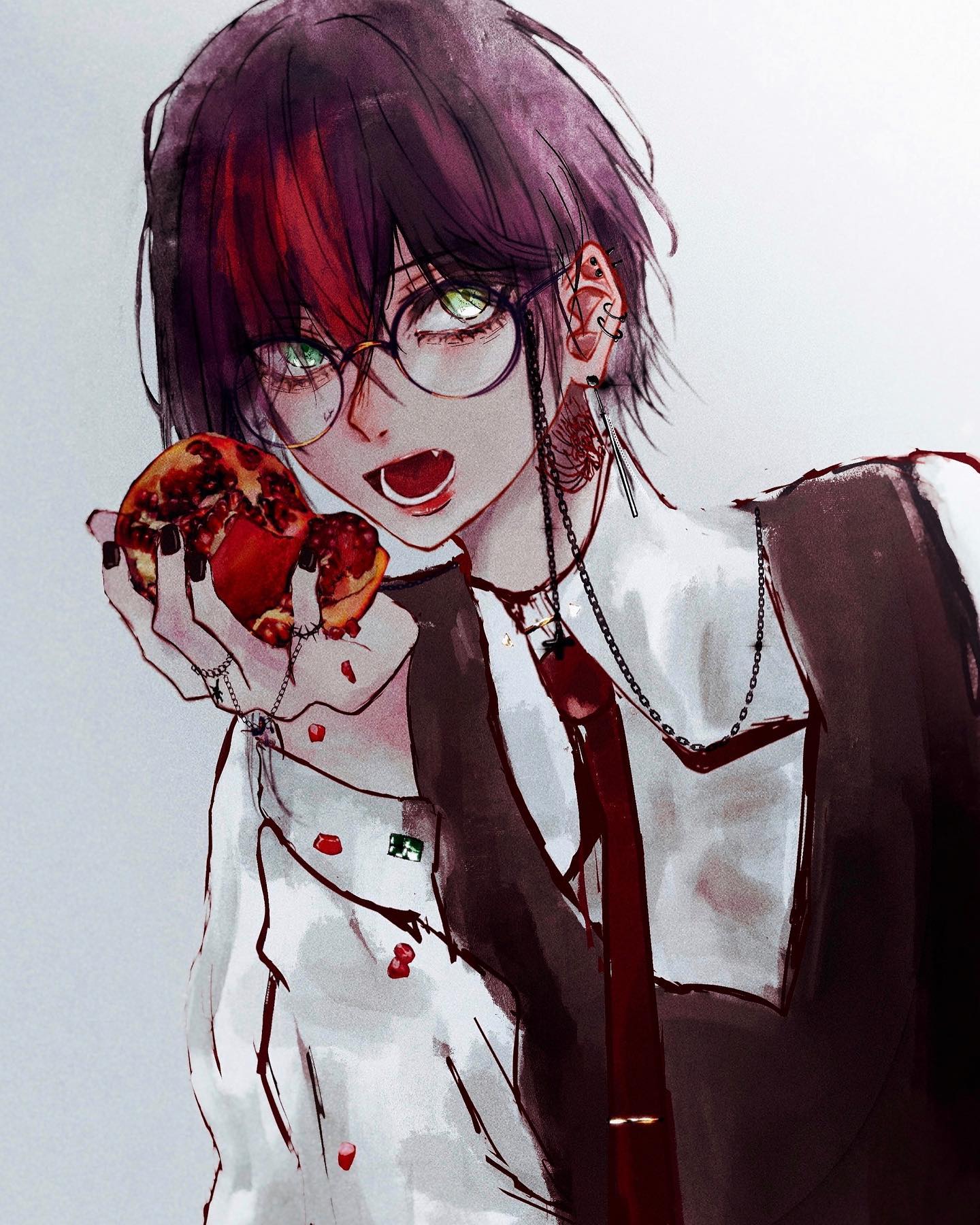 the image is a digital painting or illustration in an anime/manga style. it depicts a stylish young man with shoulderlength dark hair, featuring a striking red streak. he has green eyes and wears round glasses. his attire is sophisticated yet edgy, combining a dark suitlike jacket with a crisp white shirt and a dark red tie. he also wears various piercings and necklaces, adding to his alternative style.  he holds a pomegranate, with some of its juice appearing to stain his shirt, creating a visually striking contrast of colors and textures. the overall aesthetic is a blend of dark academia, gothic, and grunge styles, with a slightly mysterious and elegant feel.  the artwork uses a painterly technique, giving a slightly watercolorlike effect.