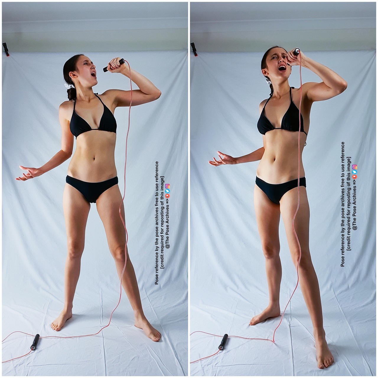 the image shows a woman in a black bikini, standing barefoot on a white background. she is holding a microphone in her right hand and singing, with her head tilted back and her left hand raised. the image is split into two identical halves, sidebyside. both images are labeled as pose references, with credit required for reposting.