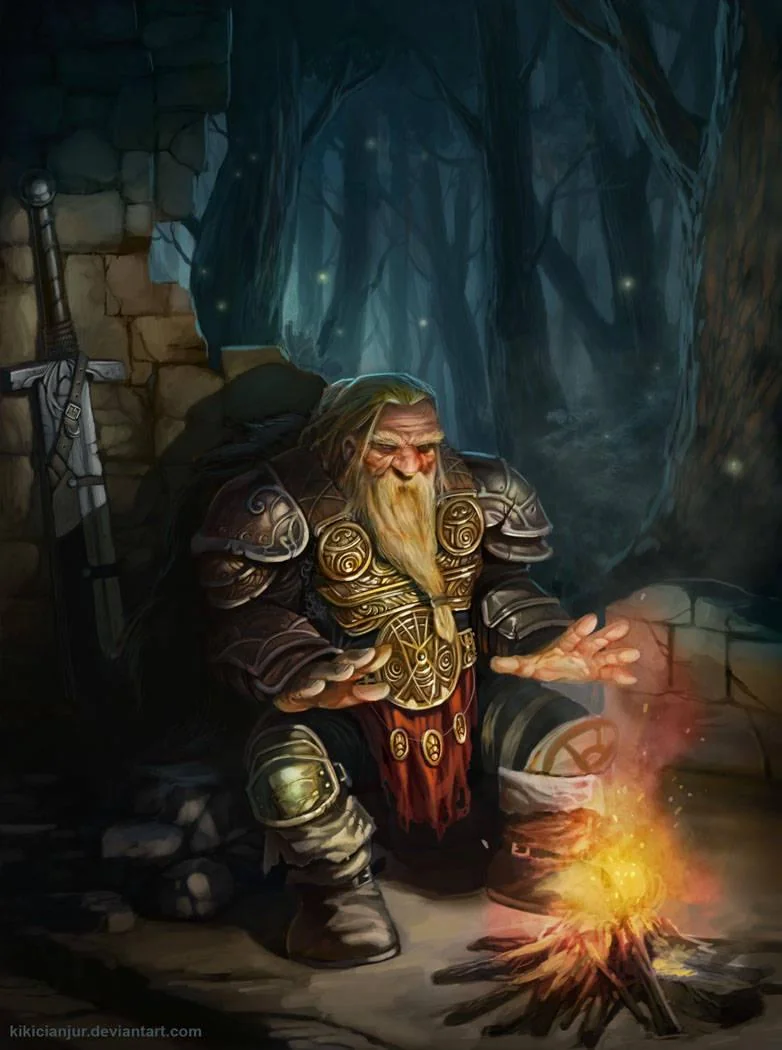 an elderly dwarf warrior, clad in worn leather and metal armor, sits contemplatively before a crackling campfire. his long white beard flows down his chest, and a weathered face tells of countless battles and hardwon wisdom. he warms his hands over the flames, his expression a mix of fatigue and quiet determination. a large sword rests against the crumbling stone wall behind him, a silent guardian in the deepening shadows of the forest. fireflies twinkle like distant stars in the background, adding a touch of magic to the scene.