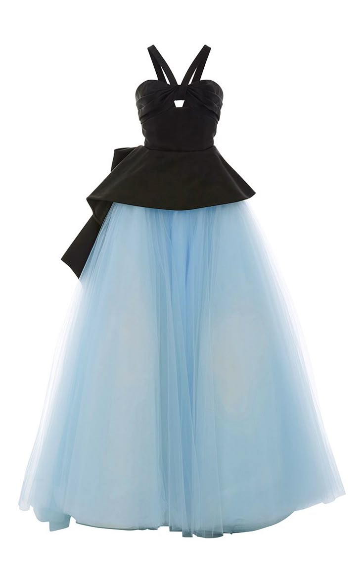 a formal, fulllength gown with a black, strapless bodice and a light blue, tulle skirt, presented on a white background. the dress features a structured, gathered bodice with crossover straps and a high waistline, creating a fitandflare silhouette. a dark fabric accentuates the waist, adding definition before the skirt dramatically flares out into a voluminous, flowing shape of soft, light blue tulle. the gown appears to be designed for a special occasion, highlighting elegance and a classic aesthetic.