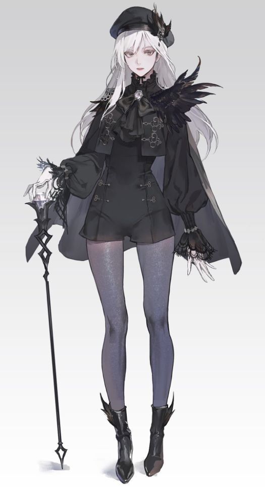 a young woman with long, straight white hair and striking white eyes is depicted in a standing pose against a plain gray background. she is dressed in an elaborate black outfit with gothic and fantasy elements, featuring a short, doublebreasted jacket with decorative frog closures, a ruffled cravat, and a flowing cape accented with feathers. her attire is completed with patterned tights, heeled boots adorned with winglike details, and intricate lace gloves. she holds a long, slender cane with a decorative headpiece, suggesting an air of elegance and authority.