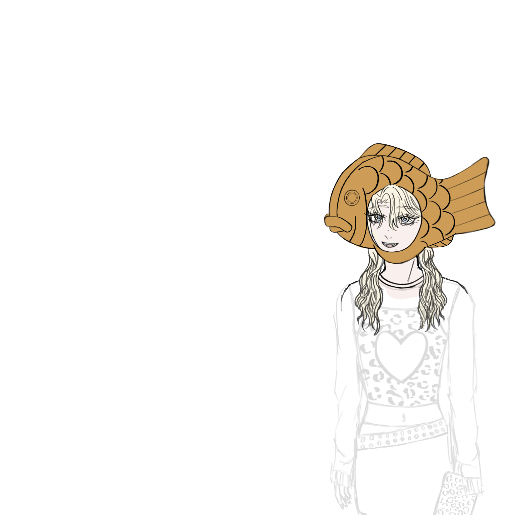 a drawing of a girl with blonde hair and light skin wearing a fishshaped hat. she's wearing a white shirt with a heart pattern and what looks like leopard print. the drawing shows her upper body and part of her legs. she's also holding a leopard print bag. the background is plain white.