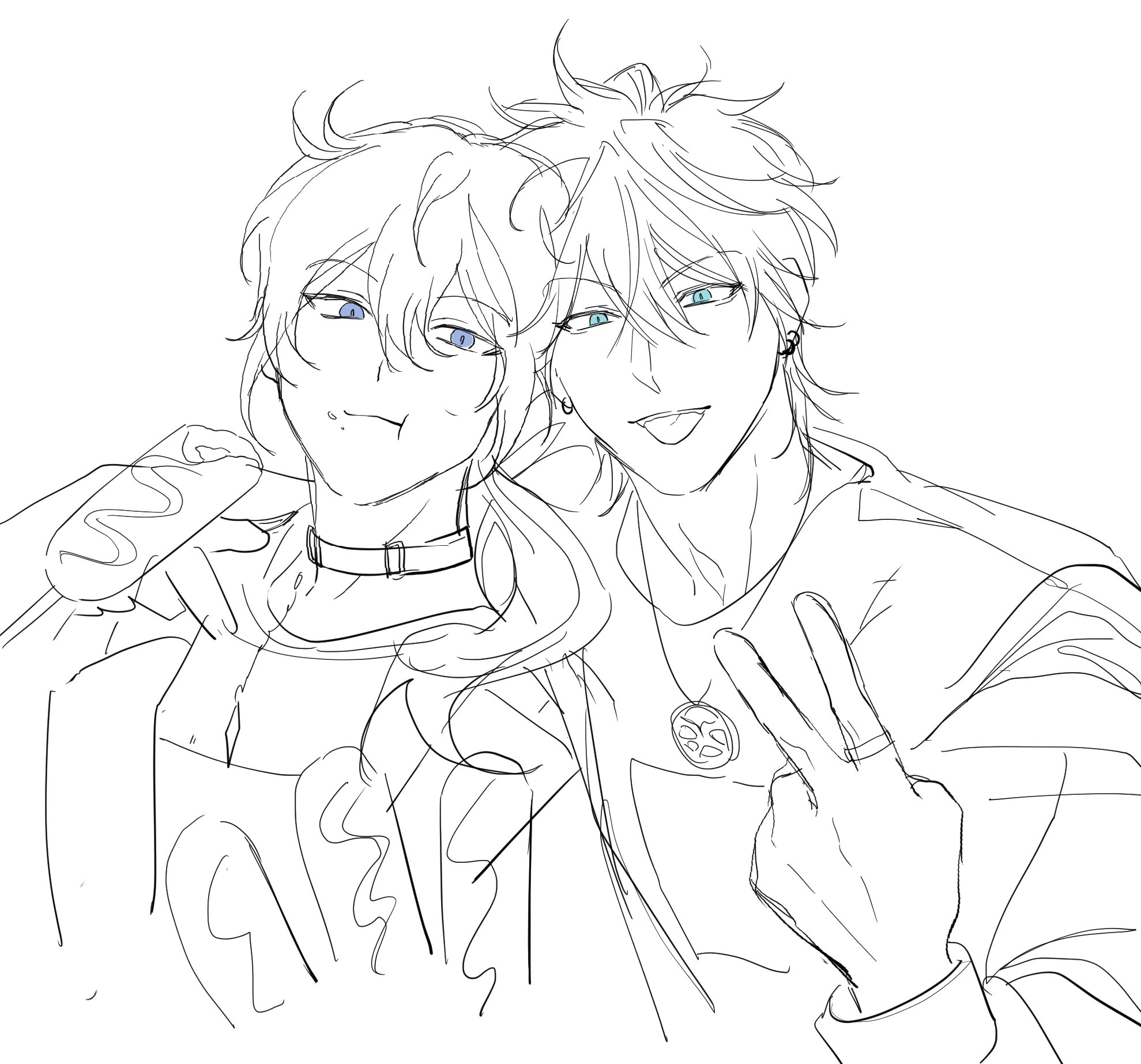 this is a sketch of two anime boys, one with short hair and the other with long hair. the one with short hair is wearing a necklace and has a peace sign in his hand. they are both smiling and look happy.