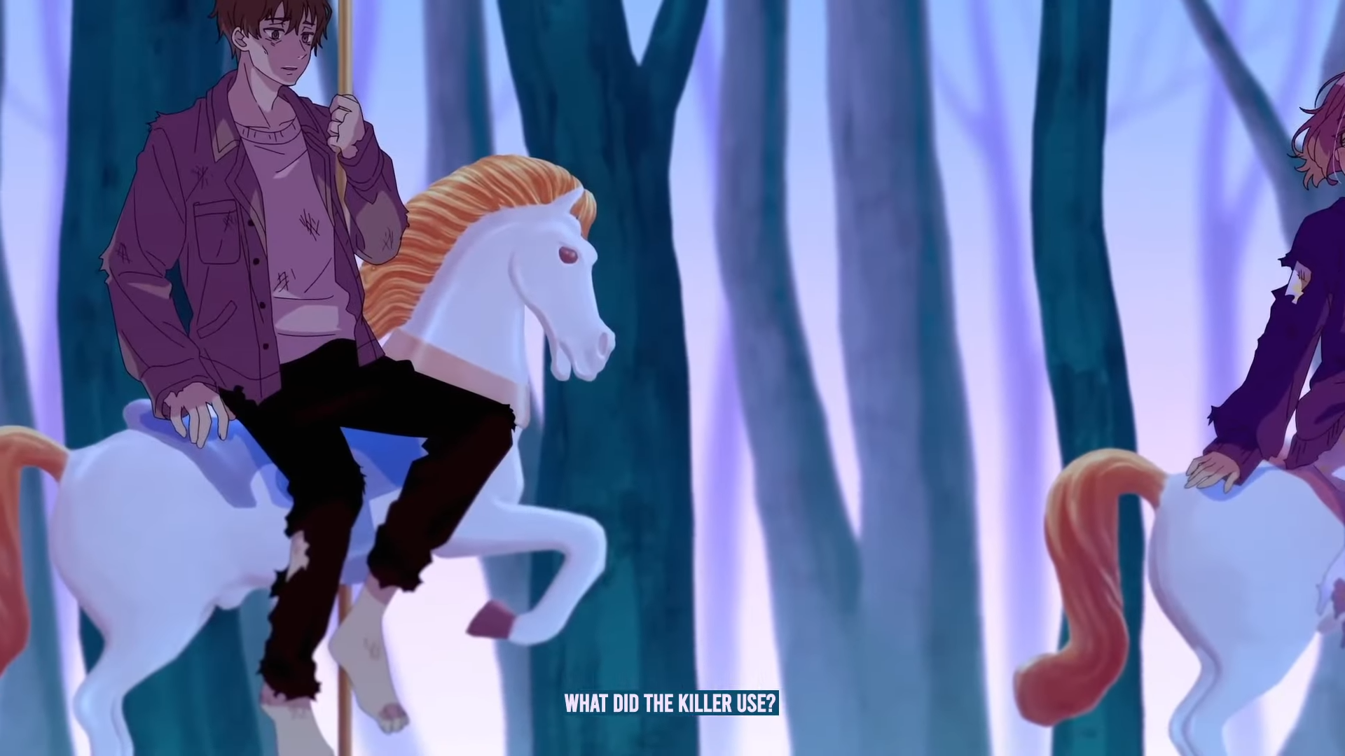 two anime characters on white carousel horses in a purpletoned forest.  the text "what did the killer use?" is superimposed on the image.