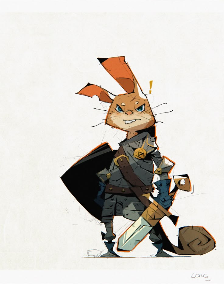 a stylized digital illustration of an anthropomorphic rabbit knight. the rabbit stands upright, wearing full plate armor, holding a shield and sword. it has an aggressive expression and an exclamation mark above its head. the art style is cartoonish with bold lines and simple shading.