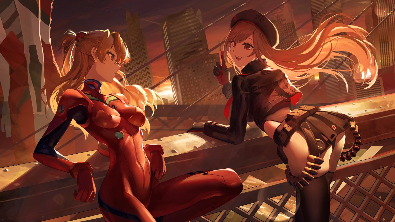 the image is a digital painting or illustration depicting two animestyle female characters on a bridge overlooking a cityscape at sunset. one character is clad in a red mechastyle suit reminiscent of an evangelion unit, while the other wears a brown militarystyle outfit with a red star emblem, suggesting a soldier or similar role. their poses suggest a moment of shared contemplation or possibly a break in action. the style is vibrant, dynamic, and leans towards a fantasy/action setting. the background features detailed buildings and a dramatic sky.