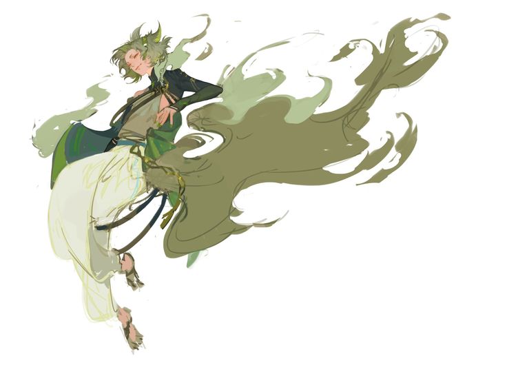 an anime male character with green hair and a green and white cloak. he is in midair, with his body slightly tilted to the left, and his head turned to the right. the character appears to be wearing white pants and a yellow sash, and he is holding his cloak with his right hand. the background is a white canvas, with a few light green strokes of paint behind the character.