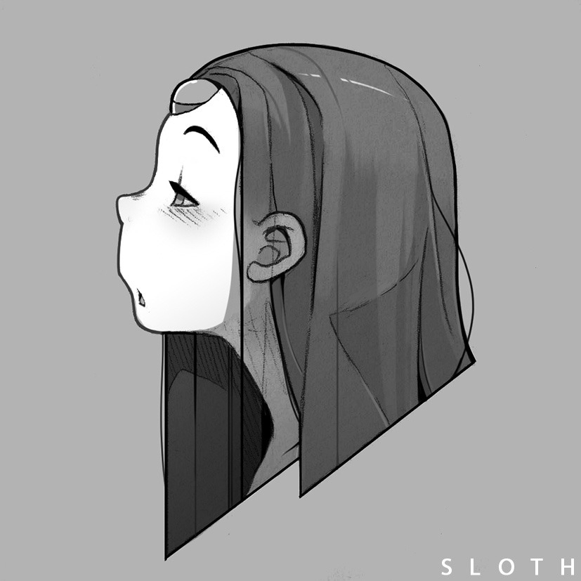 a black and white, animestyle bust illustration of a young woman with long, dark hair. she is depicted in profile with her eyes closed and a slight blush on her cheeks, suggesting a shy or embarrassed expression. the style is soft and suggestive of innocence.