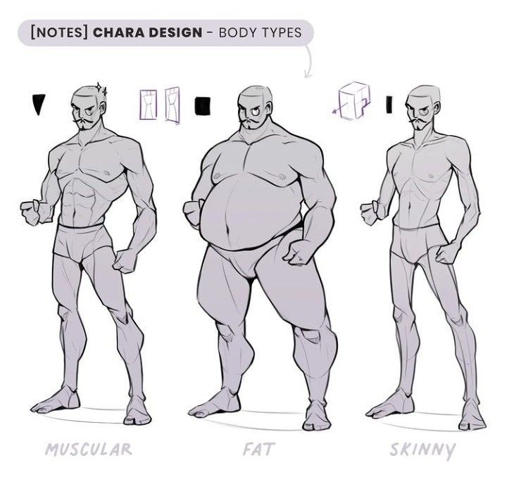 the image presents a character design tutorial focusing on different male body types. three male figures are depicted: one muscular, one fat, and one skinny. each figure is drawn in a simple, stylized manner, primarily using line art with minimal shading, making the underlying anatomy and body structure easily observable.  simple shapes are included above the figures to show basic form construction.  labels clearly identify each body type below each figure. the tutorial is titled "[notes] chara design  body types," indicating its purpose as a guide for artists designing characters.