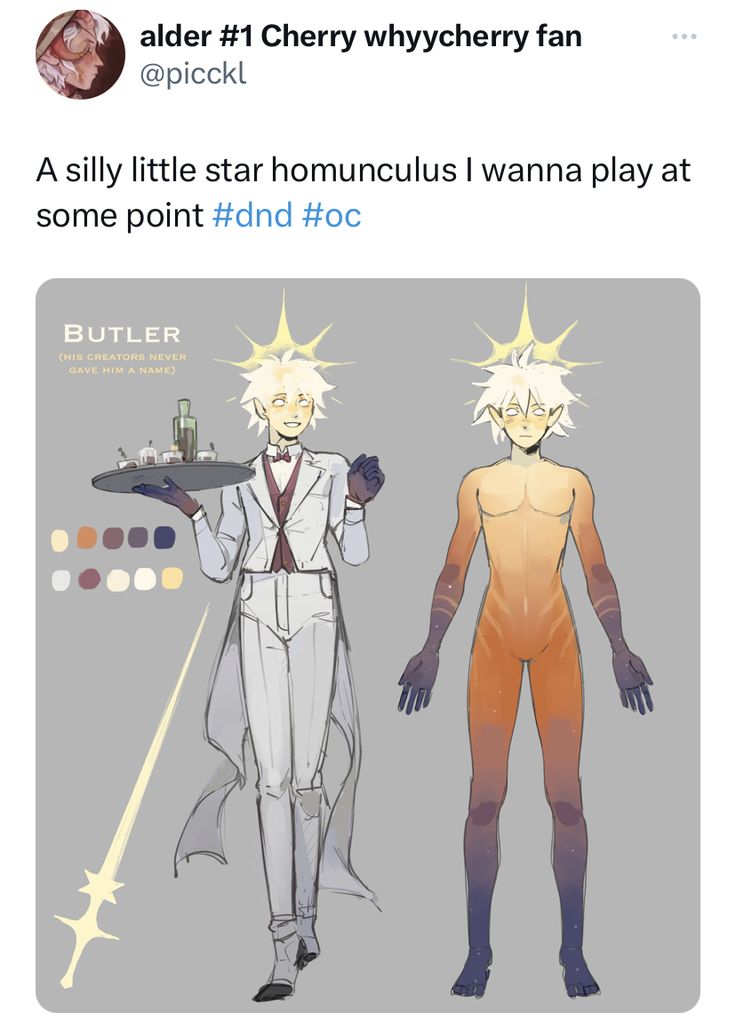 this image shows a character design concept for a homunculus butler. the design is drawn in a digital style, featuring both a fullbody illustration and a more detailed look at the character's outfit and accessories. the illustration is labeled with the character's name, "butler," as well as the note that his creators never gave him a name. this hints at the character's backstory and potential for storytelling. the image includes the hashtags "#dnd" and "#oc," suggesting that this character is intended for use in a dungeons & dragons game or as an original character in a fantasy setting. the overall aesthetic is whimsical and charming, reflecting the playful nature of the homunculus.