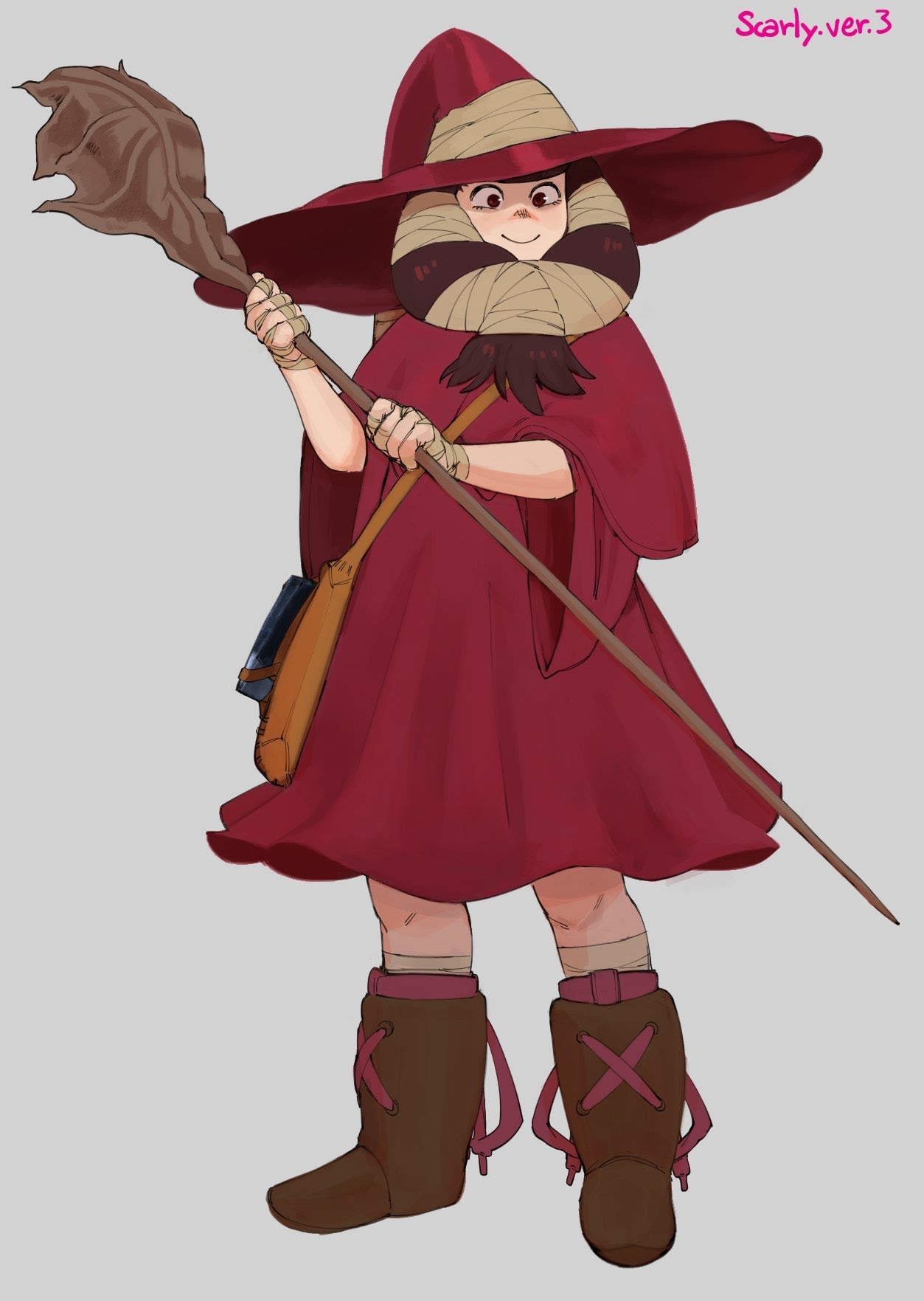 this is a whimsical illustration of a fantasy character. the character is a young girl with a red cloak and a brown hat. she is holding a staff that is topped with a brown leaf. she is wearing brown boots. the illustration is done in a cartoon style and has a magical quality. the girl is smiling and looks friendly. the character design is very cute.  the illustration is welldrawn and has a lot of detail.