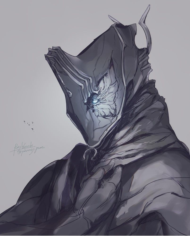 the image showcases a striking, stylized portrait of a humanoid figure, likely a warrior or a mystical being. the figure is clad in a dark, flowing cloak or robe that obscures most of its body. the most captivating element is the intricate, helmetlike mask that entirely conceals the face. the mask boasts a complex design with sharp, angular lines and a single glowing blue eye that pierces through the darkness, lending an air of mystery and otherworldly power to the character. the art style is detailed yet painterly, creating a sense of both realism and ethereal beauty.