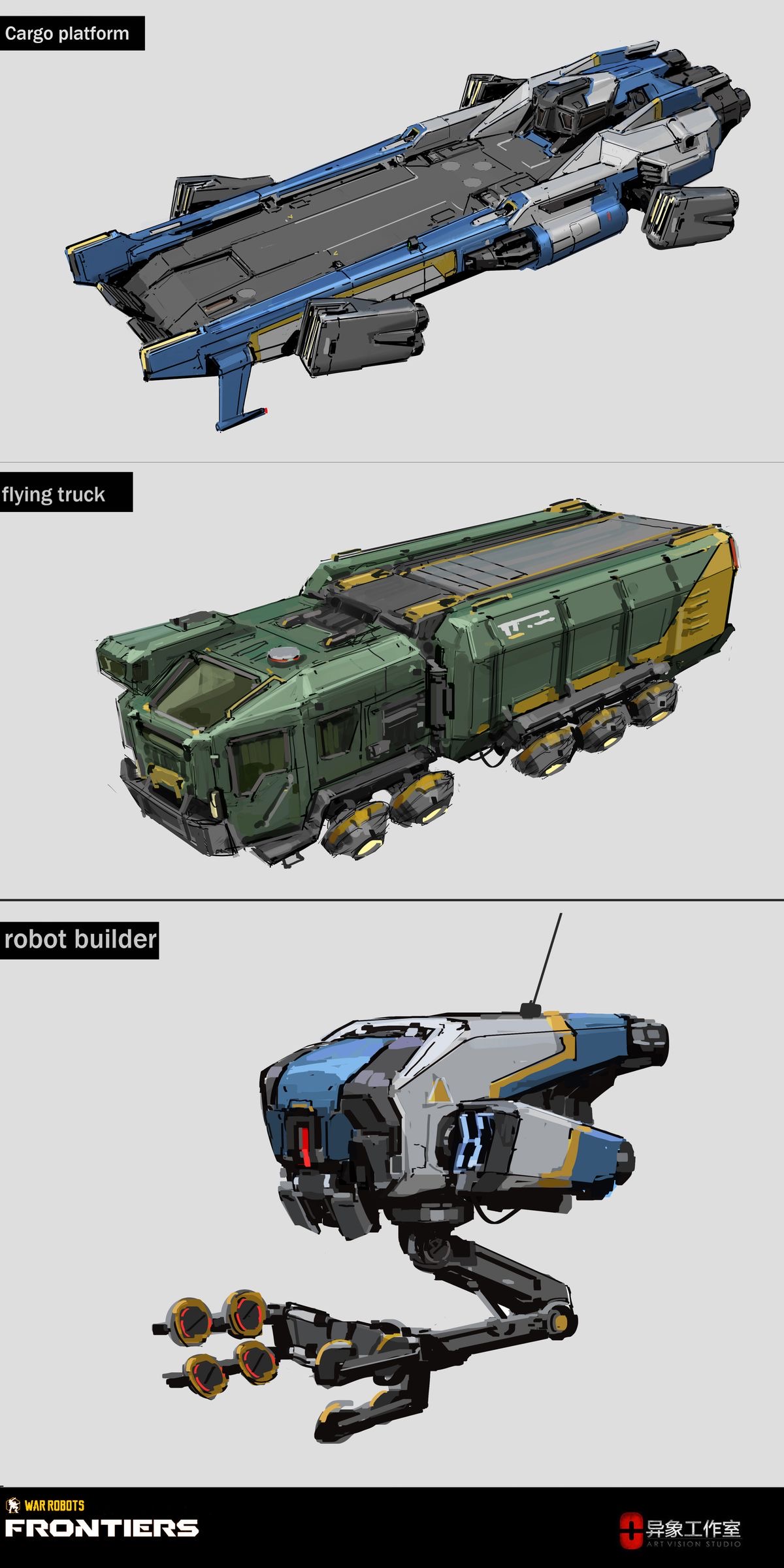 he image showcases three different types of futuristic vehicles rendered in a pixel art style.  top: a sleek, blue and grey cargo platform designed for space travel.  middle: a rugged, green flying truck equipped with multiple wheels and a spacious cargo bed. bottom: a nimble, blue and white robot builder with multiple articulated limbs, likely used for construction or maintenance tasks.