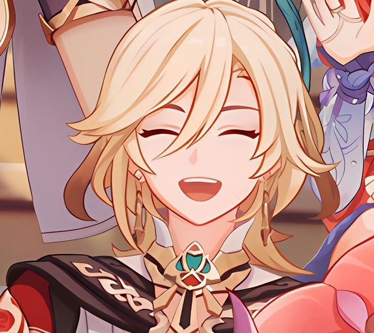 the image is a closeup, stylized digital artwork featuring klee, a character from the popular video game genshin impact.  she is depicted with her signature blonde hair and is shown smiling happily with her eyes closed.  the art style is reminiscent of anime and manga, with soft, vibrant colors and a cute, chibilike aesthetic.  the background includes portions of other characters, suggesting a scene from the game or a fanmade piece celebrating the character. the focus is entirely on klee's cheerful expression and her detailed attire.