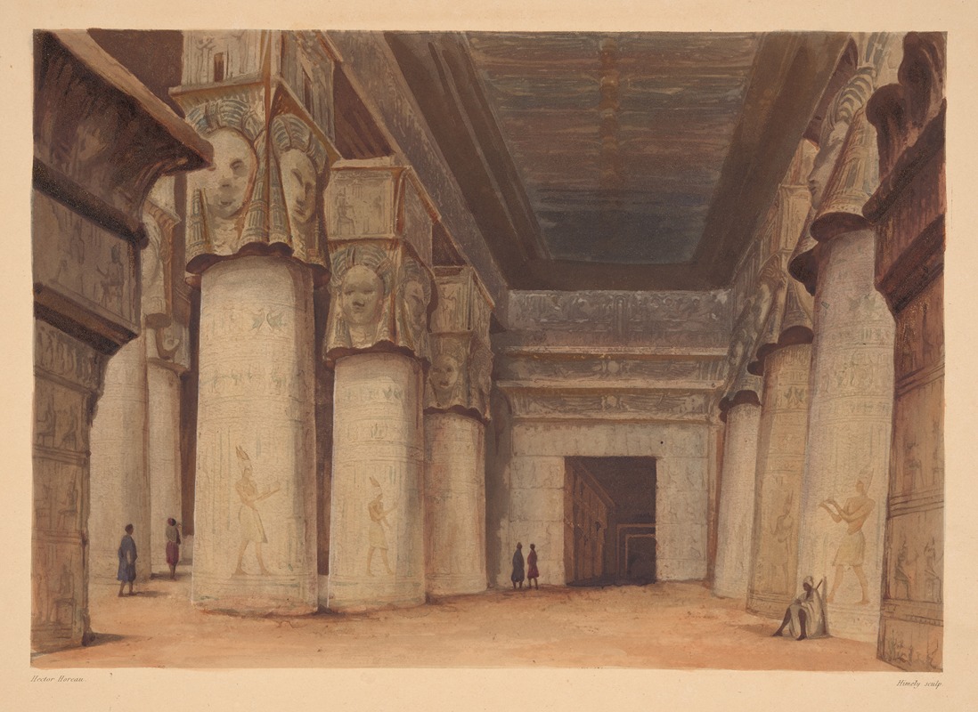 the image is a watercolor painting of the interior of an egyptian temple. the scene is dominated by large columns adorned with hieroglyphs and topped with carved heads. several figures are scattered throughout the space, adding a sense of scale to the grand architecture. a doorway is visible in the background, leading to further depths of the temple. the painting captures the details of the stone and the overall atmosphere of an ancient egyptian structure.