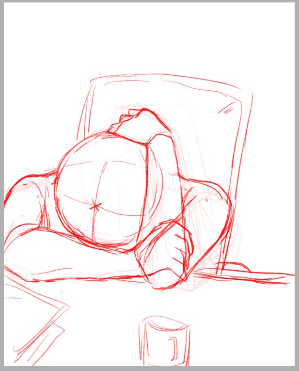 this is a rough sketch of a person who appears to be asleep at a desk, possibly taking a nap while working. there is a chair behind them, a glass on the desk in front of them, and a piece of paper or notepad on the desk.