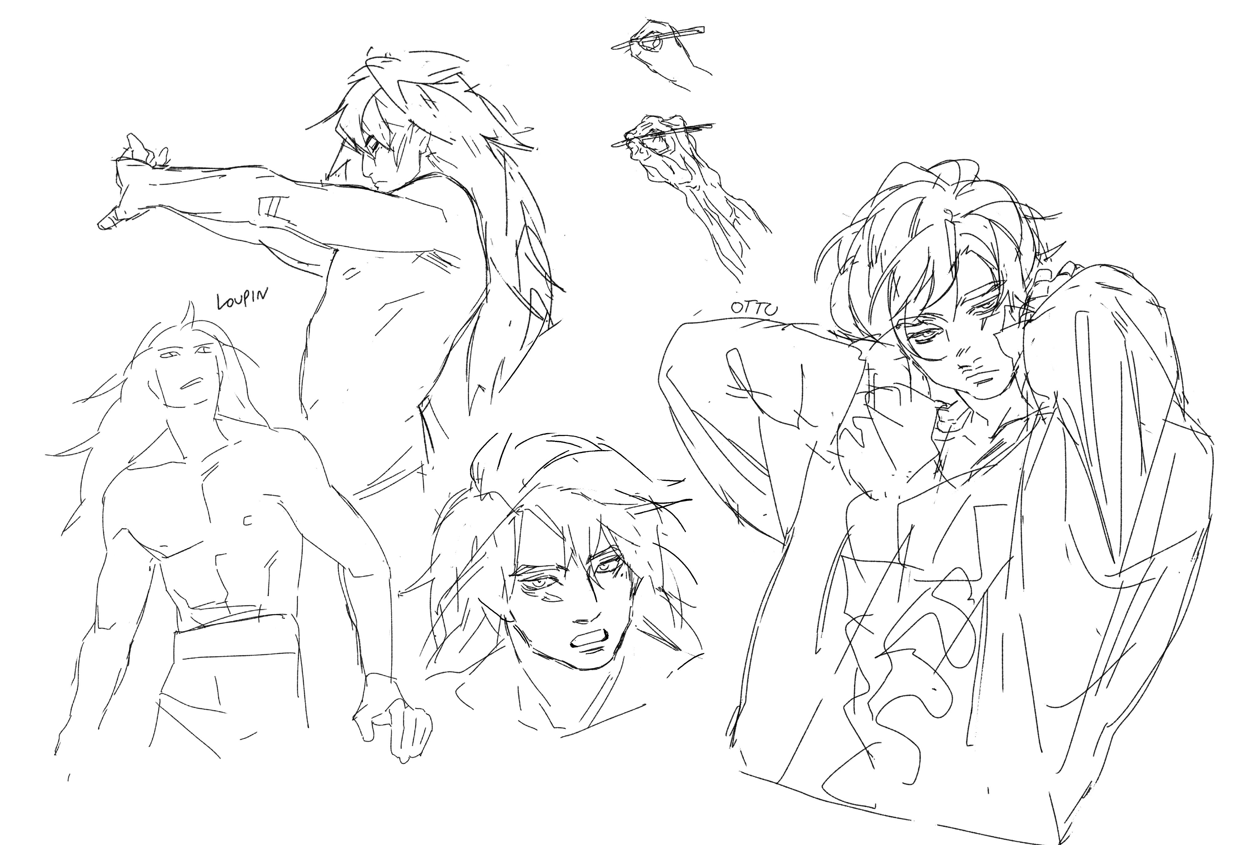 a black and white handdrawn sketch of four characters. one is a man with long hair, who appears to be shirtless. another is a young man with short hair, and one hand is held close to his face. the third character is a young man with a ponytail, and his head is tilted downwards. the fourth character is an arm and hand holding a pen, possibly drawing these characters.