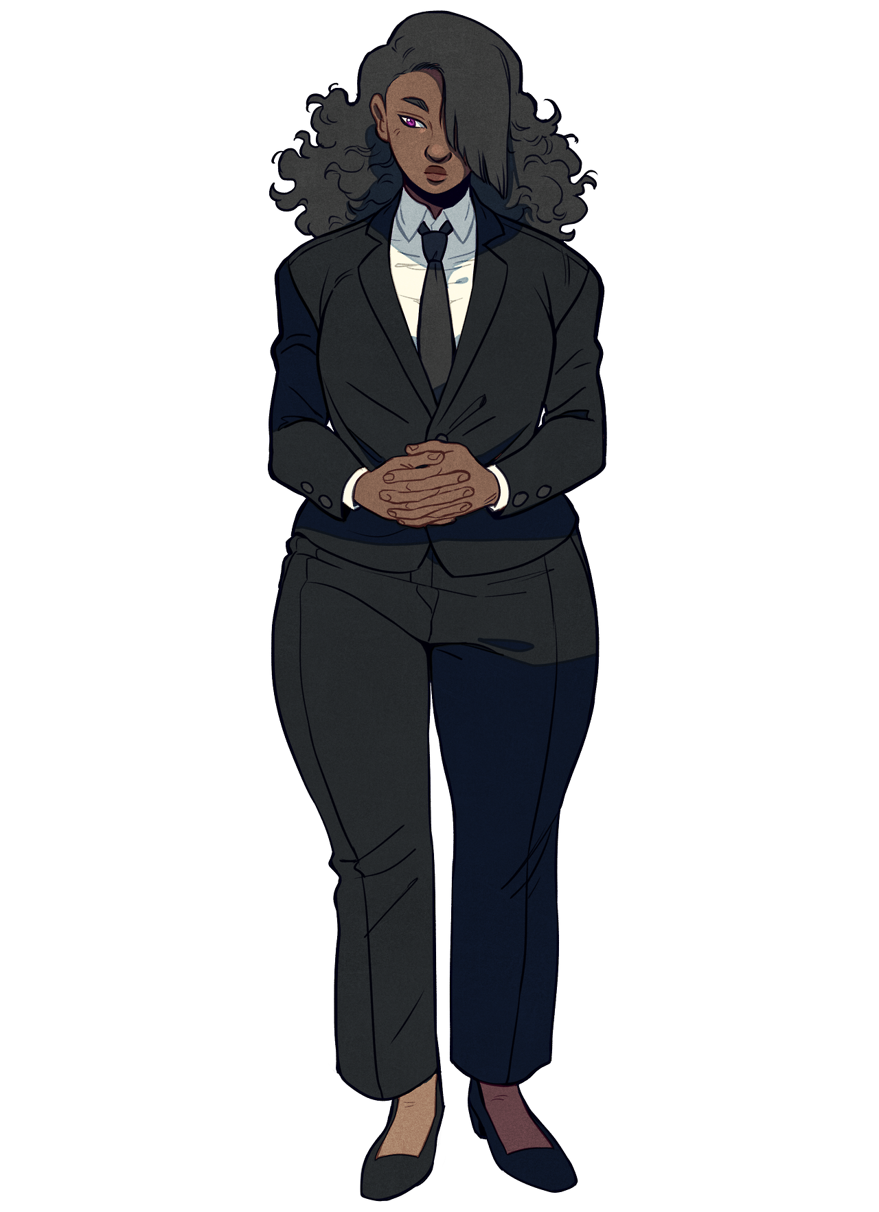 the image showcases a black woman with voluminous curly hair, exuding an aura of confidence in a welltailored business suit. her hands are clasped in front of her, suggesting composure and professionalism. the neutral color scheme and soft lighting further emphasize her strong presence.