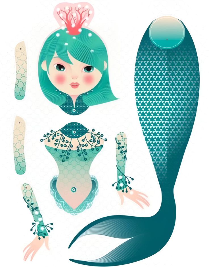 the image shows a whimsical illustration of a mermaid paper doll, with various body parts separated for assembly. the doll features a turquoisehaired girl with a pink coral accessory on her head, a decorative bodice, patterned arms with delicate floral details, and a turquoise fish tail.