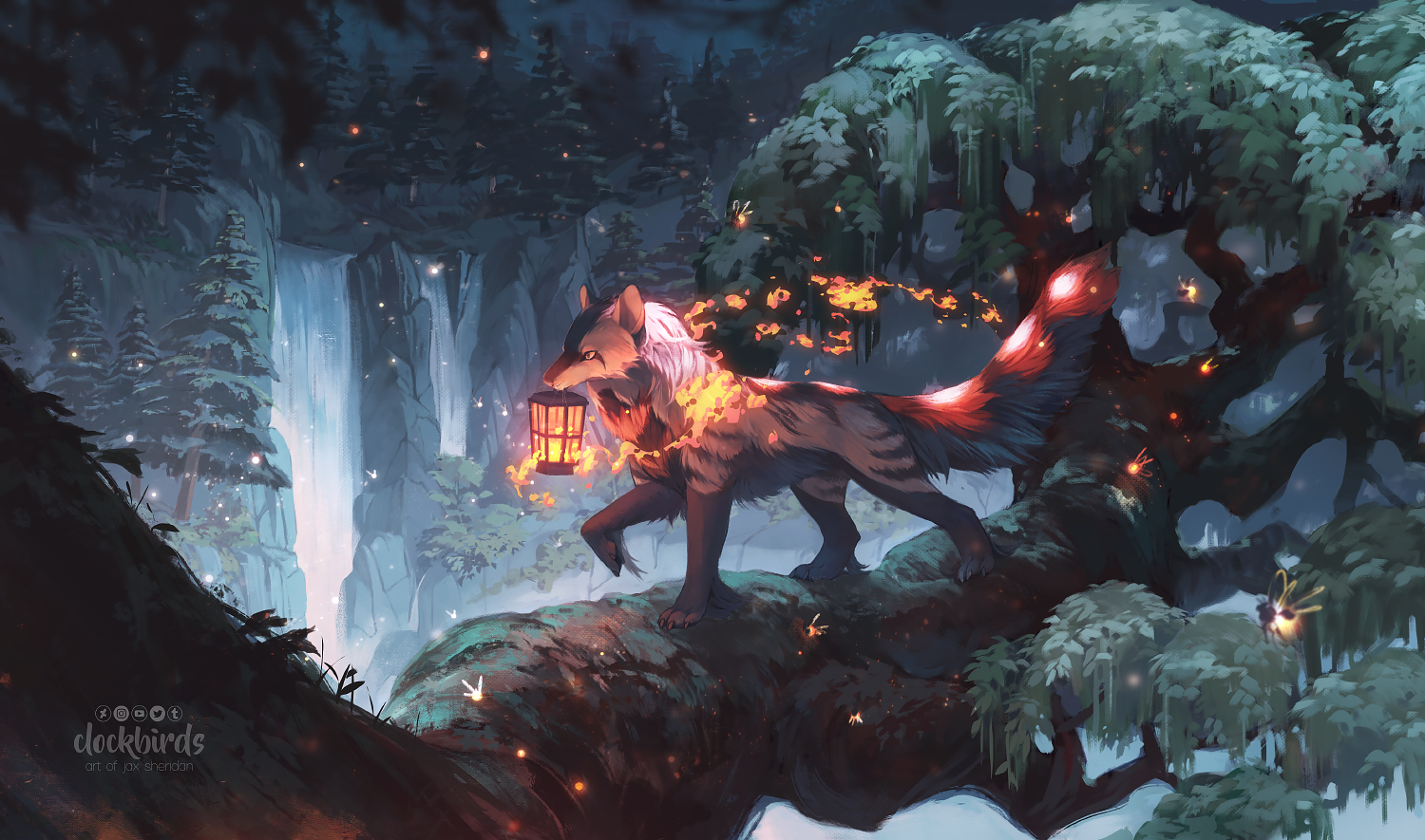 a wolflike creature with glowing orange fur and a fiery tail walks along a mosscovered tree branch at night. it carries a lantern that illuminates the surrounding area, revealing a lush forest with a waterfall in the background. fireflies dance in the air, adding to the magical atmosphere.